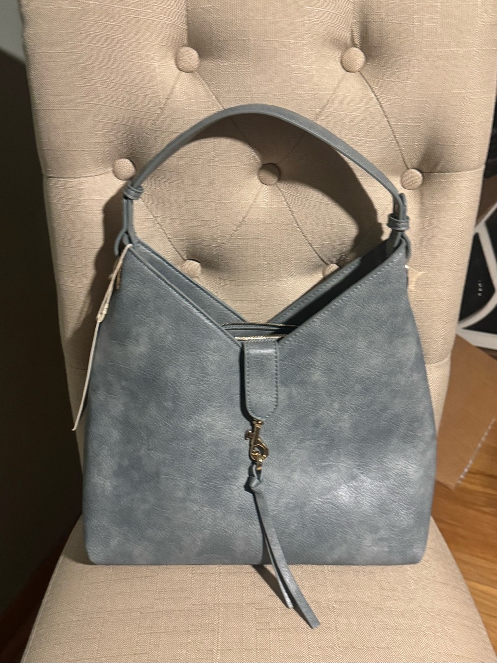 Isabelle Blue/Grey Shoulder Bag w/ Buckle Front & Back Zip Pocket NWT